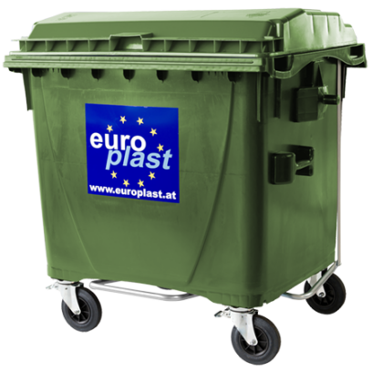 1100 L Müllcontainer in Grün mit Flachdeckel und 4 Rädern – Europlast